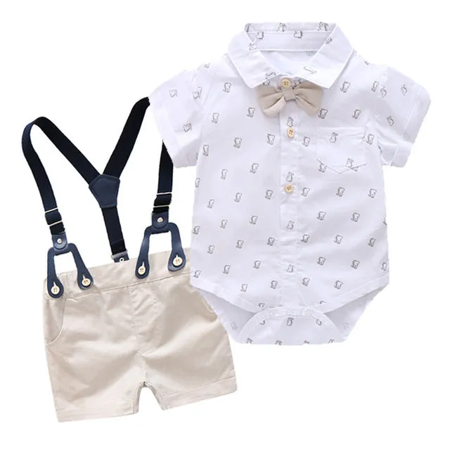 2 PCS Baby Boy Graphic Bowtie Romper Suspender Outfit for Boys