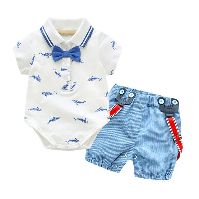 2 PCS Baby Boy Graphic Bowtie Romper Suspender Outfit for Boys