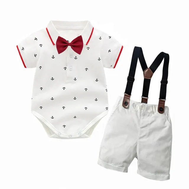 2 PCS Baby Boy Graphic Bowtie Romper Suspender Outfit for Boys