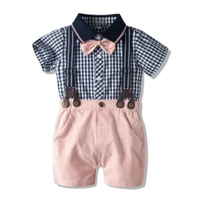 2PCS Baby Plaid Short Sleeves Romper Suspender Set for Toddler Boys