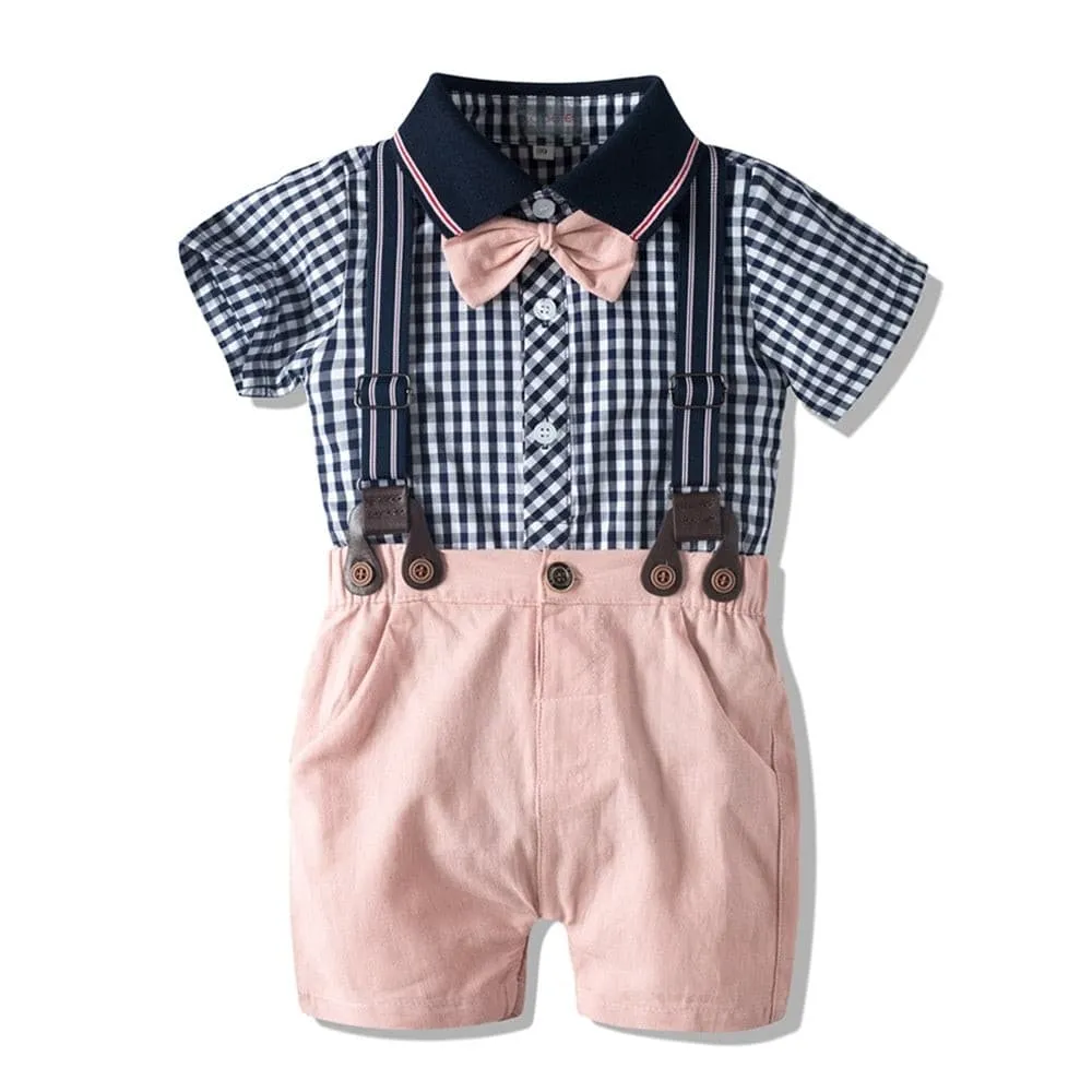 2PCS Toddler Boys Pink Plaid Short Sleeves Romper Outfits Suspender Set for Baby Boy