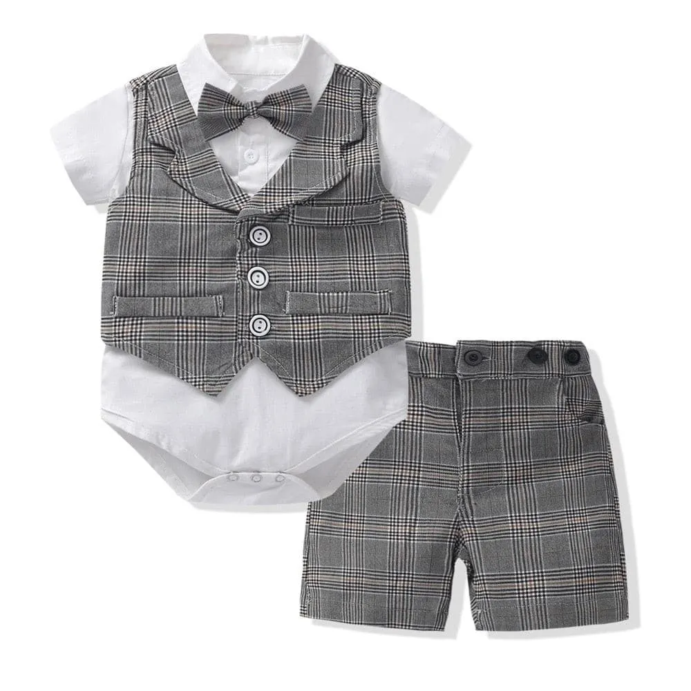 2PCS Toddler Boys Pink Plaid Short Sleeves Romper Outfits Suspender Set for Baby Boy