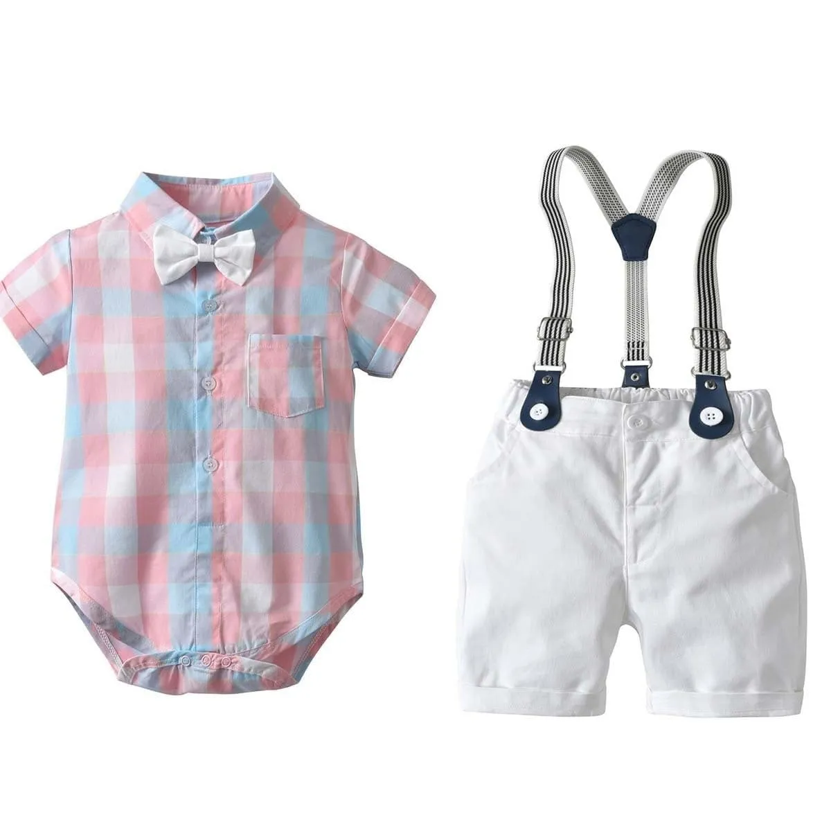 2PCS Toddler Boys Pink Plaid Short Sleeves Romper Outfits Suspender Set for Baby Boy