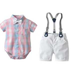 2PCS Toddler Boys Pink Plaid Short Sleeves Romper Outfits Suspender Set for Baby Boy