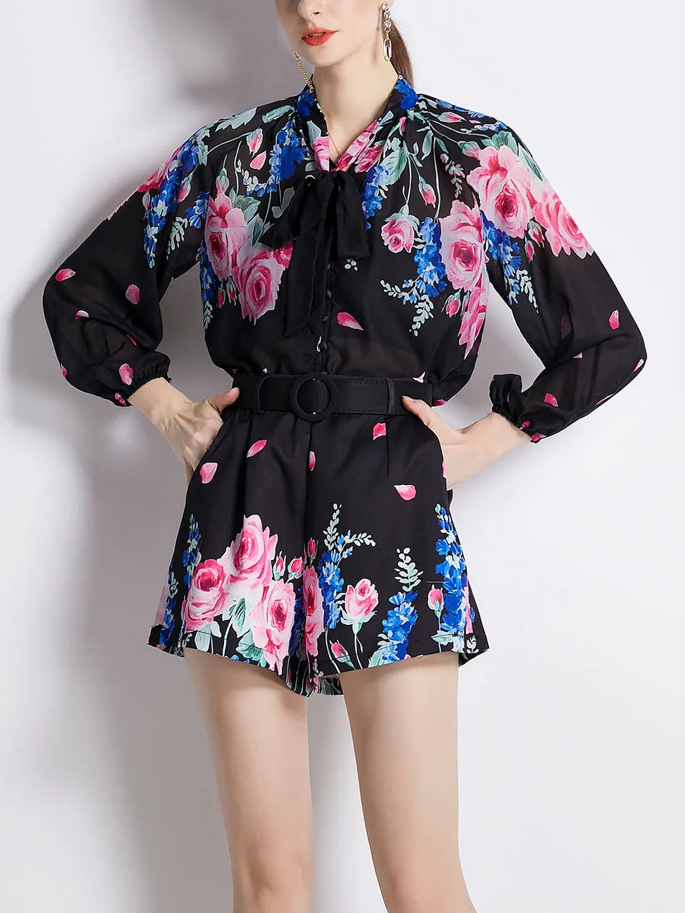 2PS White Romantic Floral Rose Print Shirt With Bowknot Long Sleeve Shorts Suit
