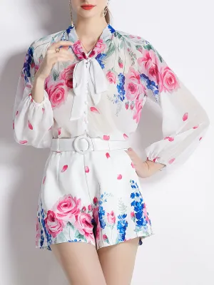 2PS White Romantic Floral Rose Print Shirt With Bowknot Long Sleeve Shorts Suit