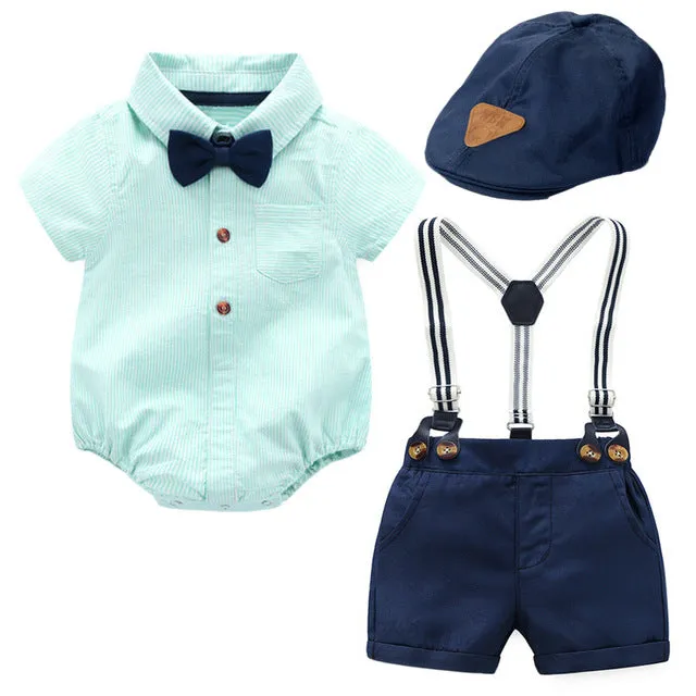 3PCS Baby Boy Anchor Bowtie Romper Suspender Baptism Formal Outfit with Baret Hat