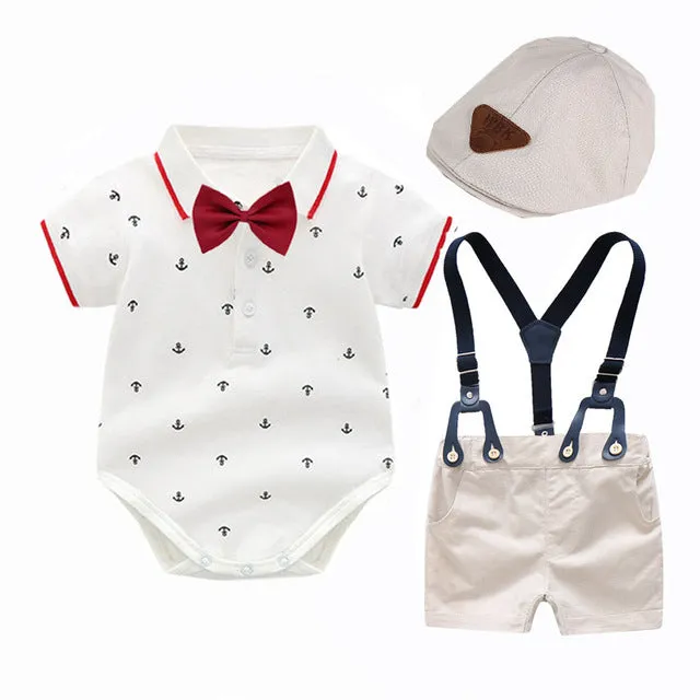 3PCS Baby Boy Anchor Bowtie Romper Suspender Baptism Formal Outfit with Baret Hat