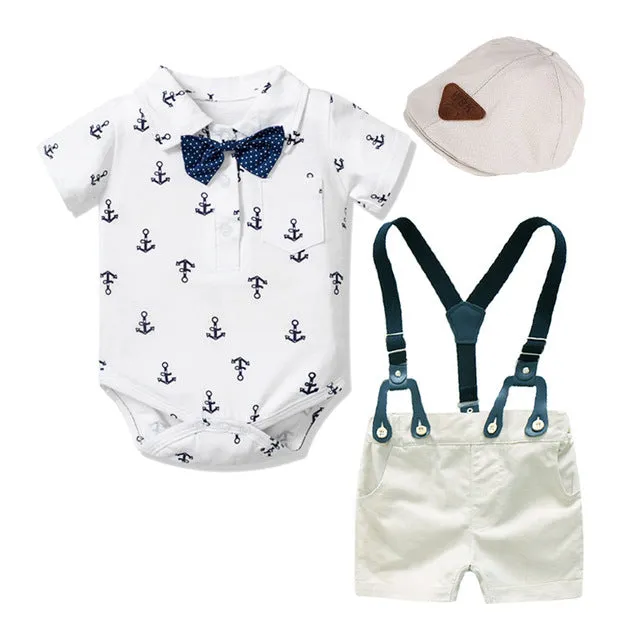 3PCS Baby Boy Anchor Bowtie Romper Suspender Baptism Formal Outfit with Baret Hat