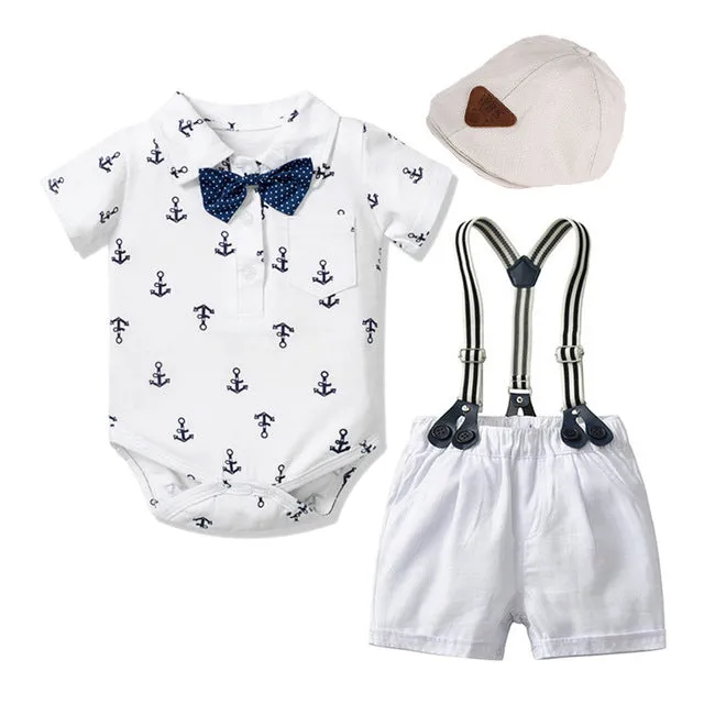 3PCS Baby Boy Anchor Bowtie Romper Suspender Baptism Formal Outfit with Baret Hat