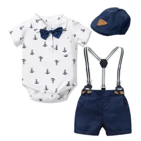 3PCS Baby Boy Anchor Bowtie Romper Suspender Baptism Formal Outfit with Baret Hat