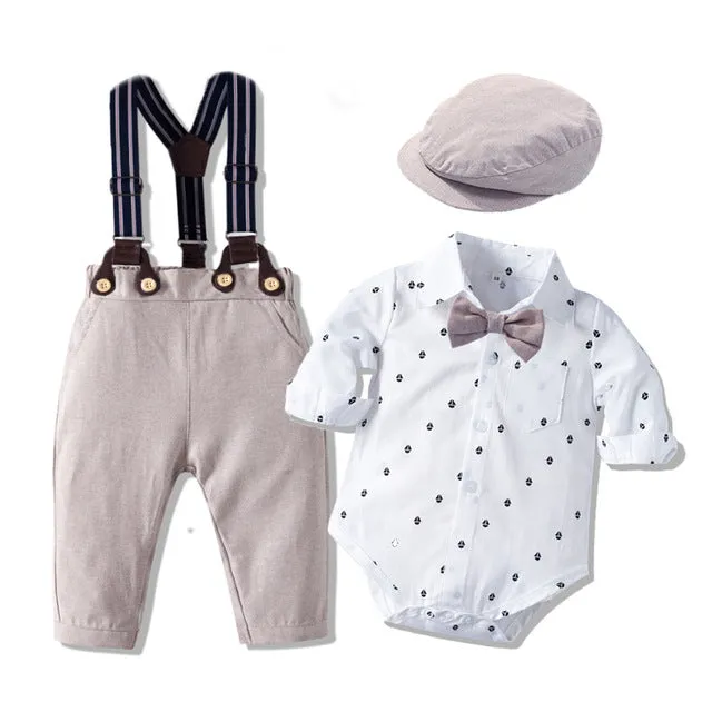 3PCS Baby Boy Anchor Bowtie Romper Suspender Baptism Formal Outfit with Baret Hat