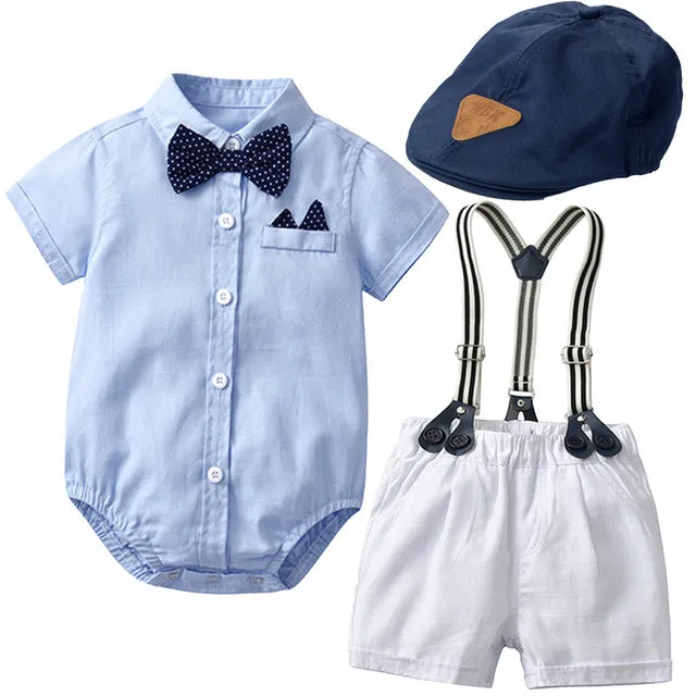 3PCS Baby Boy Anchor Bowtie Romper Suspender Baptism Formal Outfit with Baret Hat