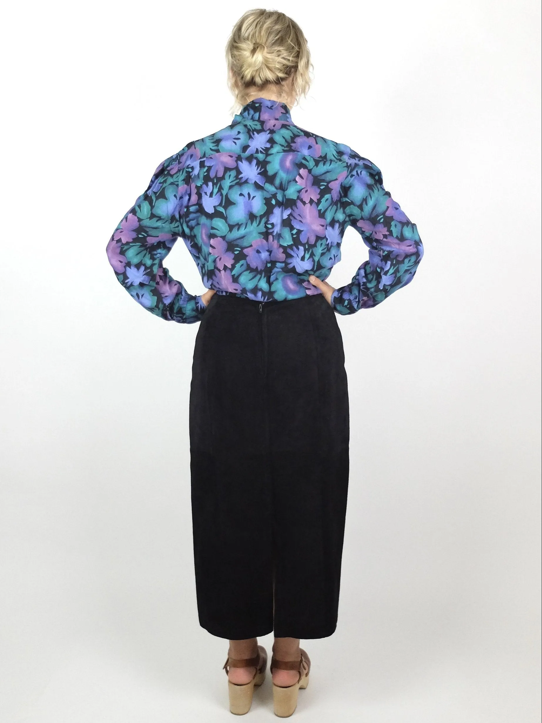 70s Romantic Mod Floral Long Sleeve Button Up Pussy Bow Blouse