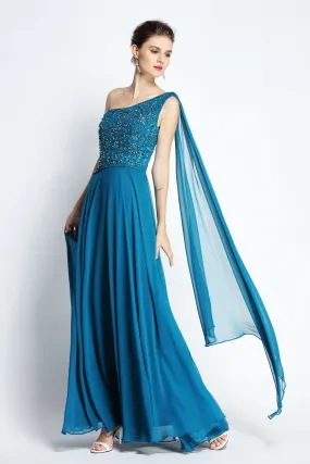 A-Line Floor-length One-shoulder Chiffon Sleeveless Prom Dress with Beading and Draping-334094