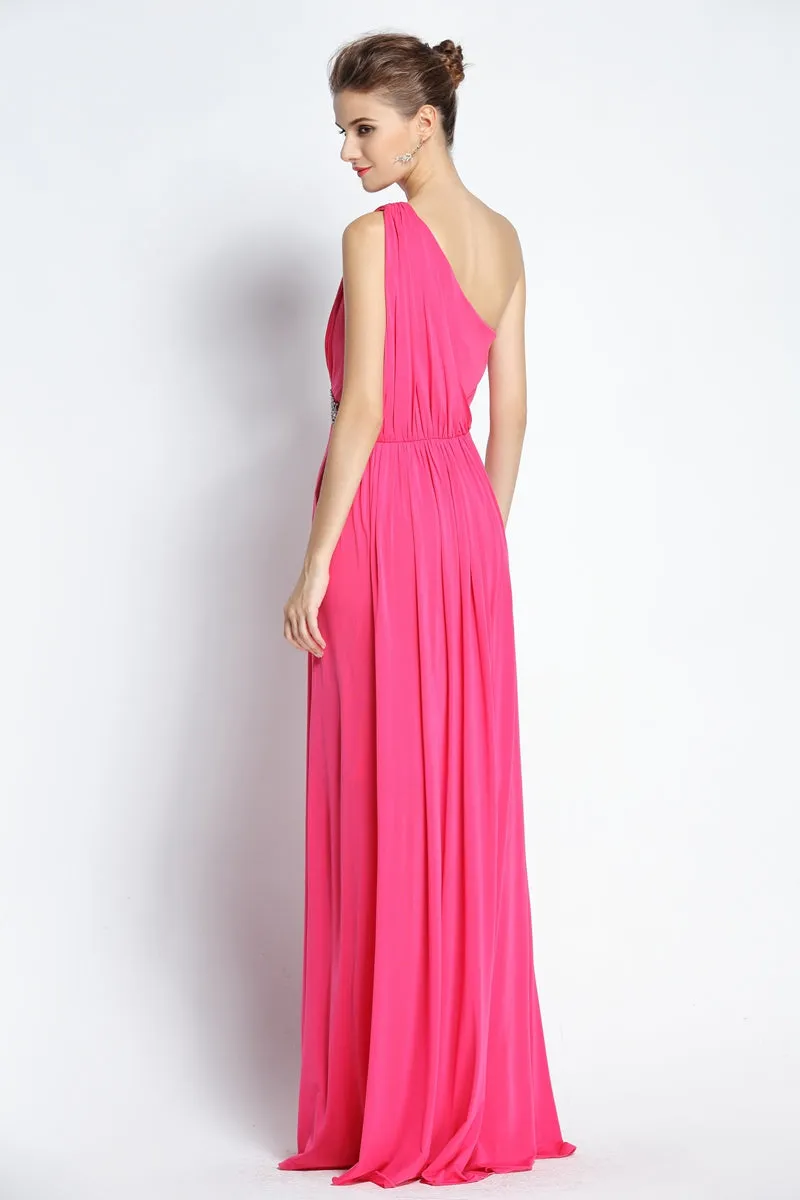 A-Line Floor-length One-shoulder Chiffon Sleeveless Prom Dress with Beading and Ruching-334092