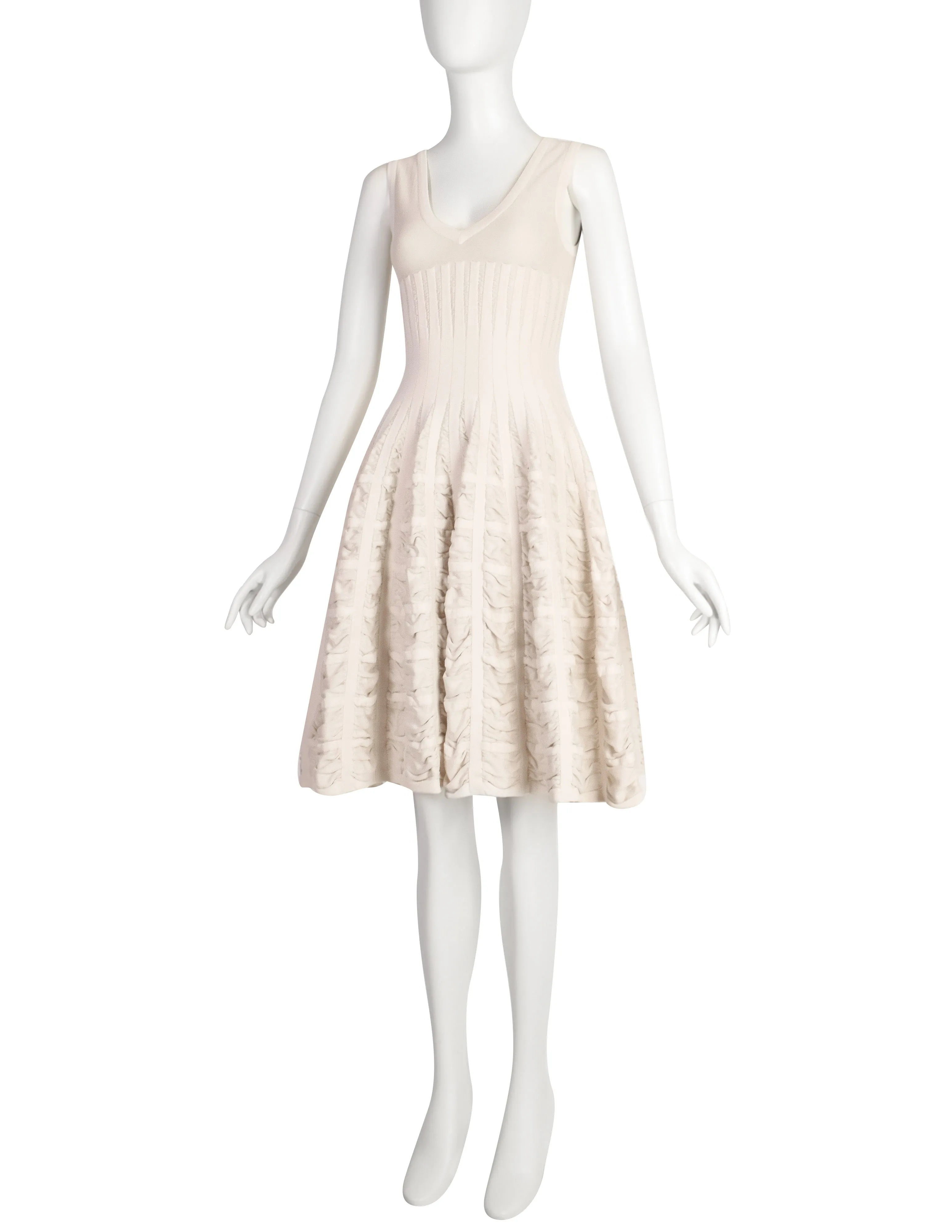 Alaia Vintage SS 2009 Light Beige Ruched Inset Knit Flounce Dress