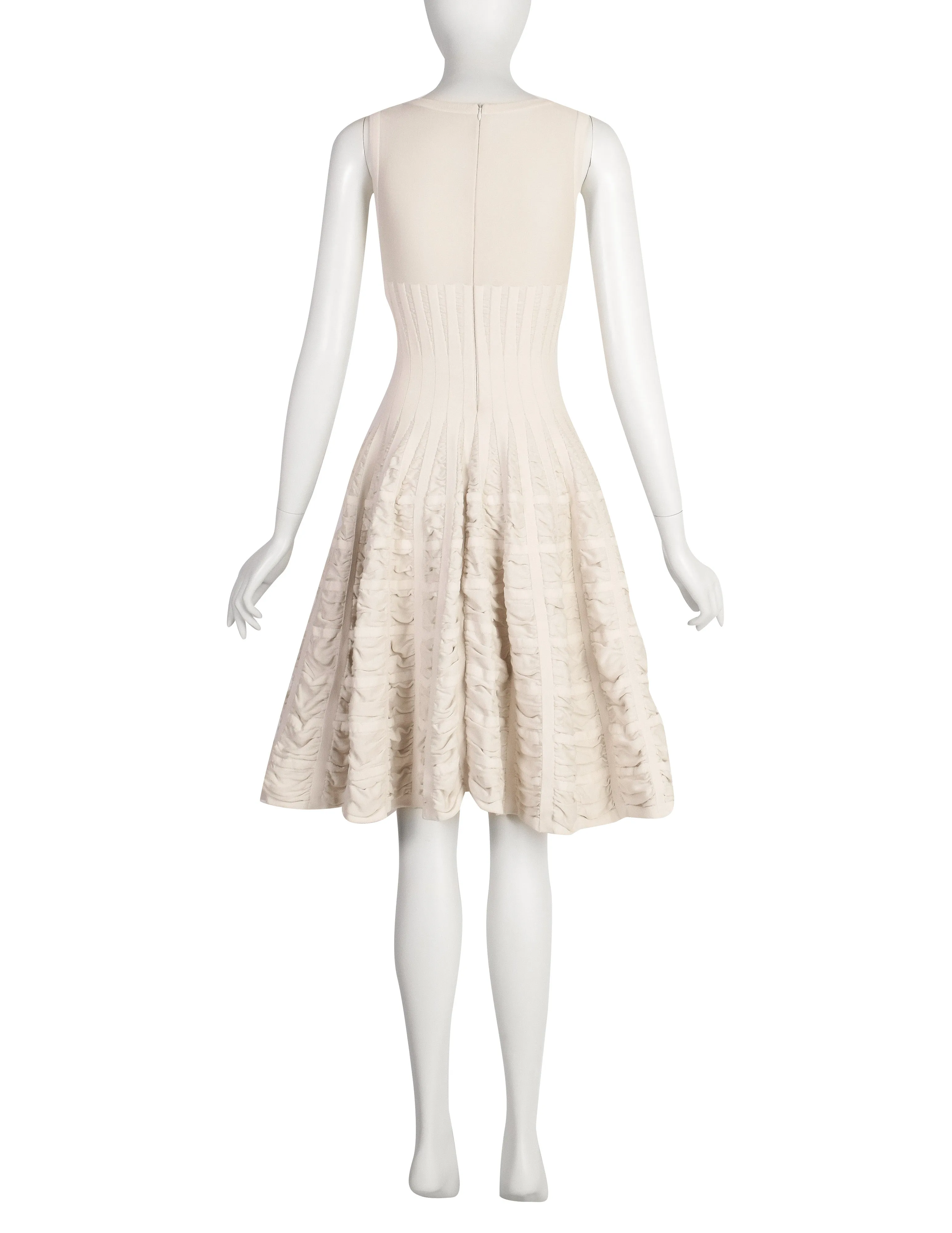 Alaia Vintage SS 2009 Light Beige Ruched Inset Knit Flounce Dress