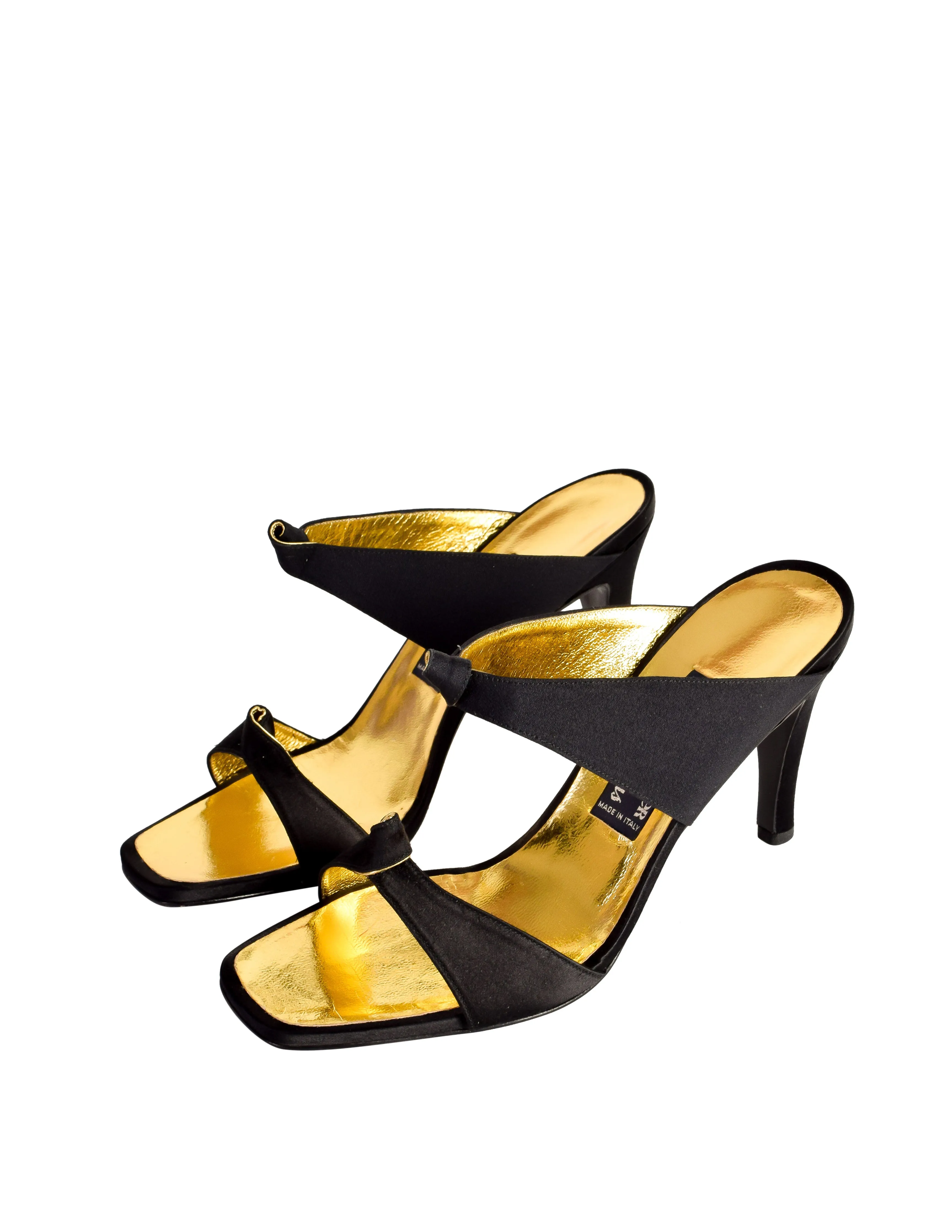 Andrea Pfister Vintage Black Satin and Gold Leather Knot Heels