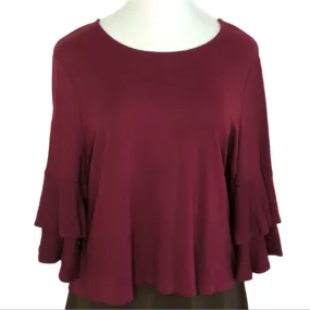 ANTHROPOLOGIE W5 Burgundy Heavy Knit Career Top with 3/4 Ruffle Sleeves XL