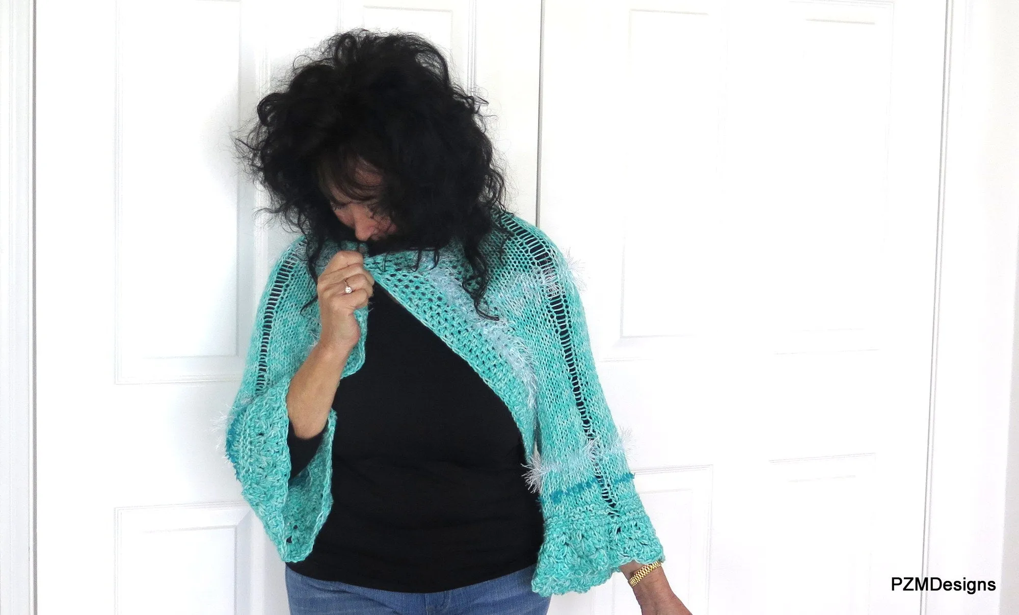 Aqua Hand Knit Bolero Shrug with White Fancy Fur