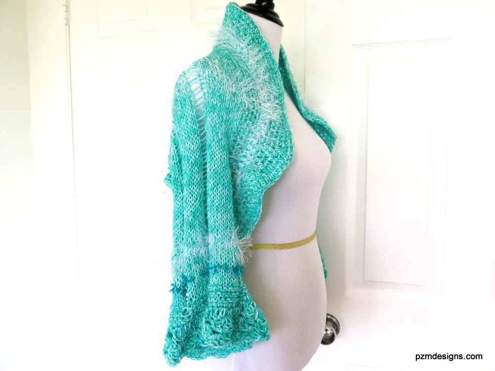 Aqua Hand Knit Bolero Shrug with White Fancy Fur