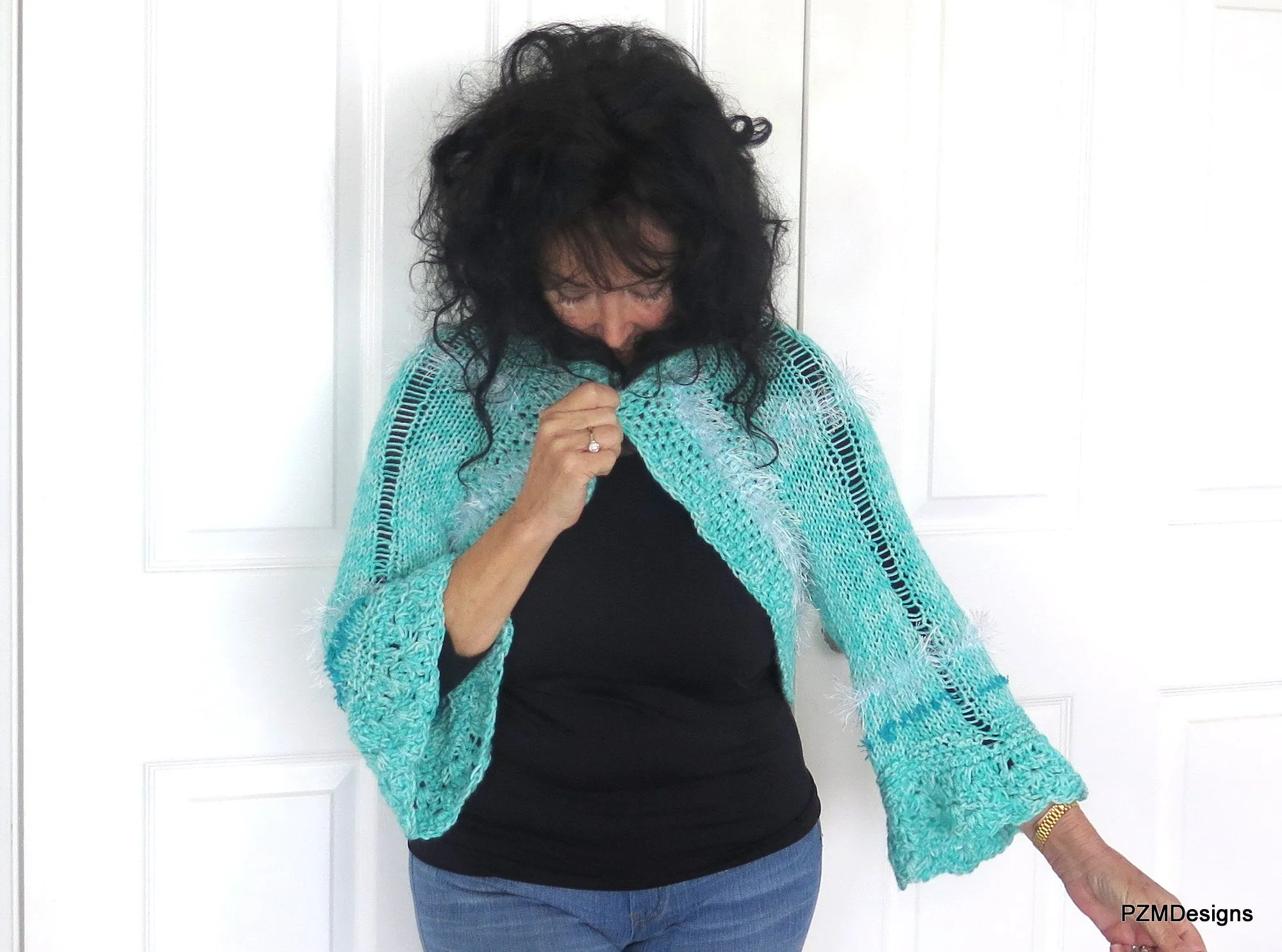 Aqua Hand Knit Bolero Shrug with White Fancy Fur