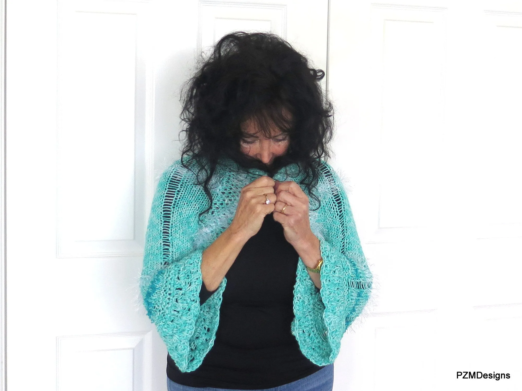 Aqua Hand Knit Bolero Shrug with White Fancy Fur