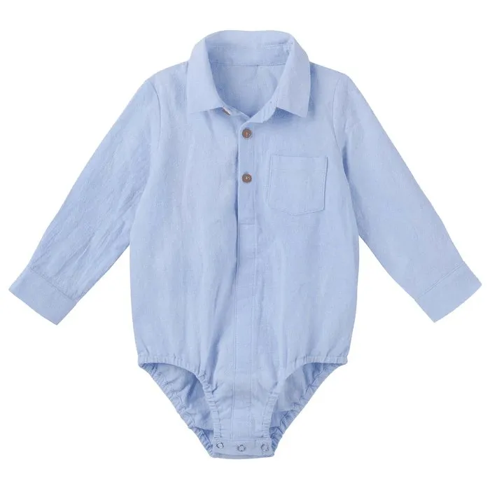 Archie Long Sleeve Button Romper Blue