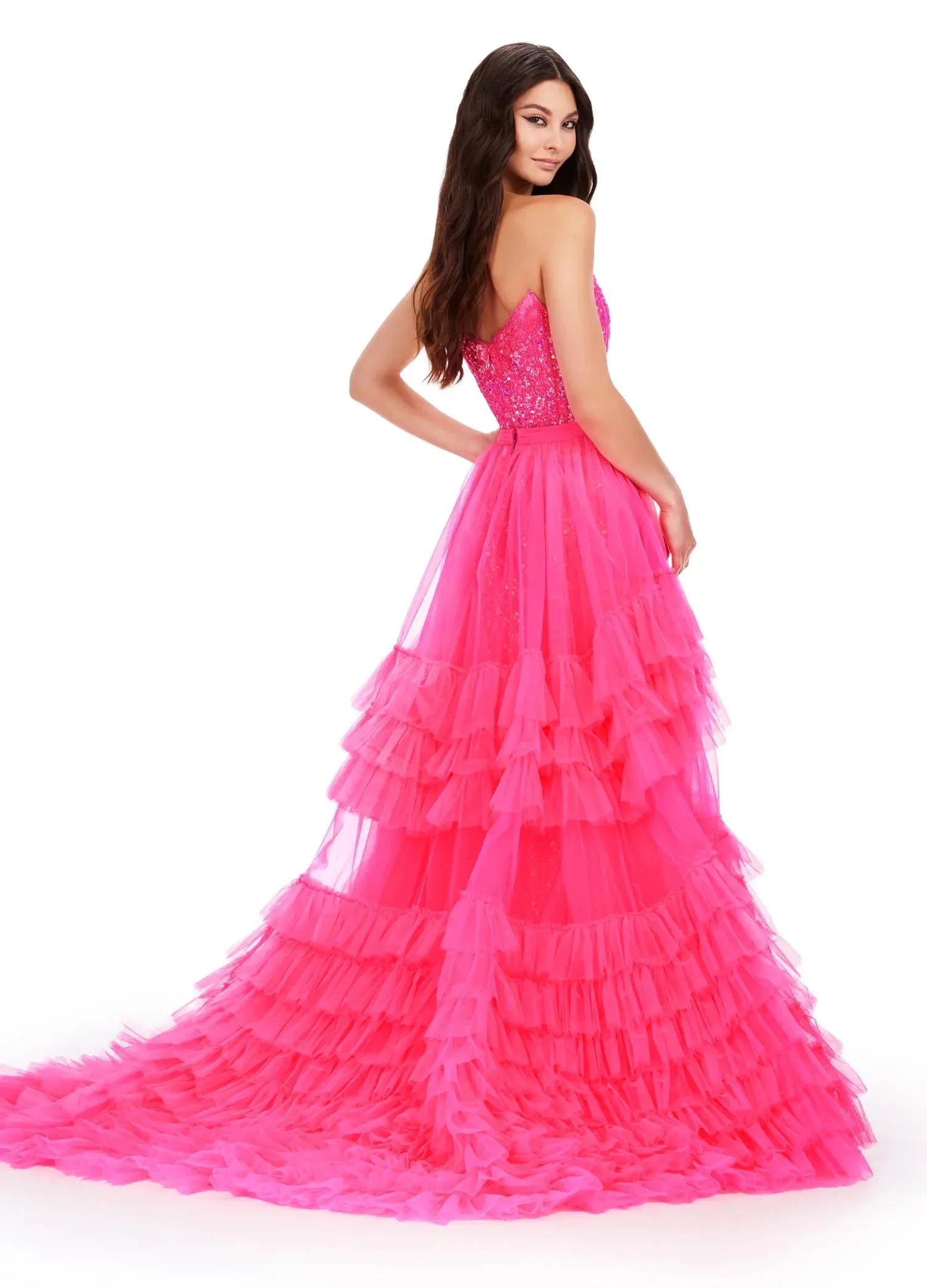 Ashley Lauren 11602 Size 6 Hot Pink Ruffle Tulle Detachable Overskirt Layer Ruffle Pageant Skirt Train Formal