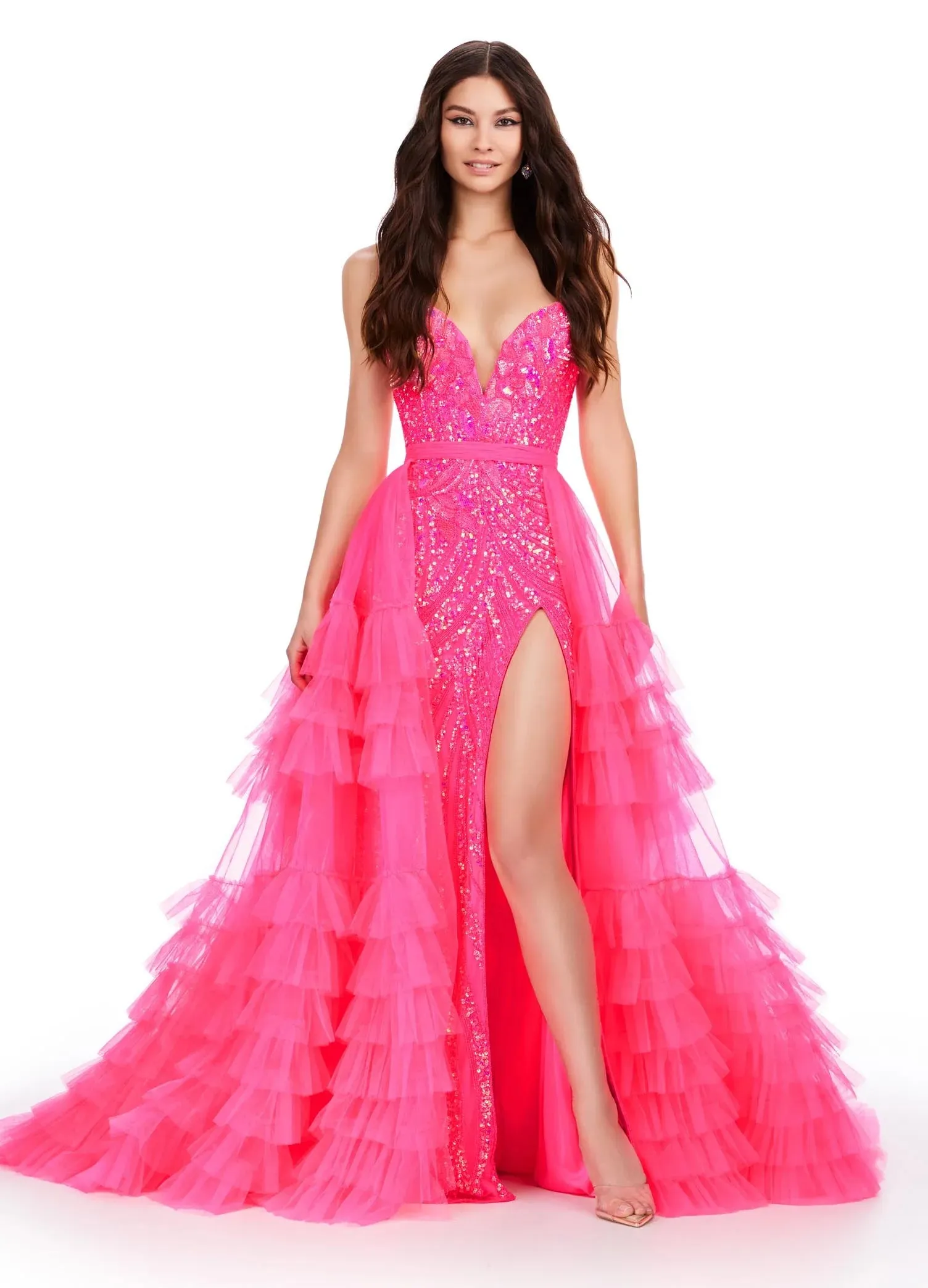 Ashley Lauren 11602 Size 6 Hot Pink Ruffle Tulle Detachable Overskirt Layer Ruffle Pageant Skirt Train Formal