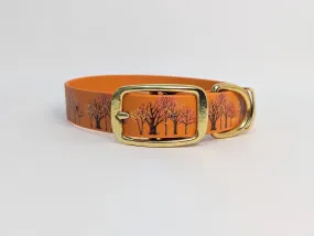 Autumn Trees on Burnt Orange Waterproof Dog Collar