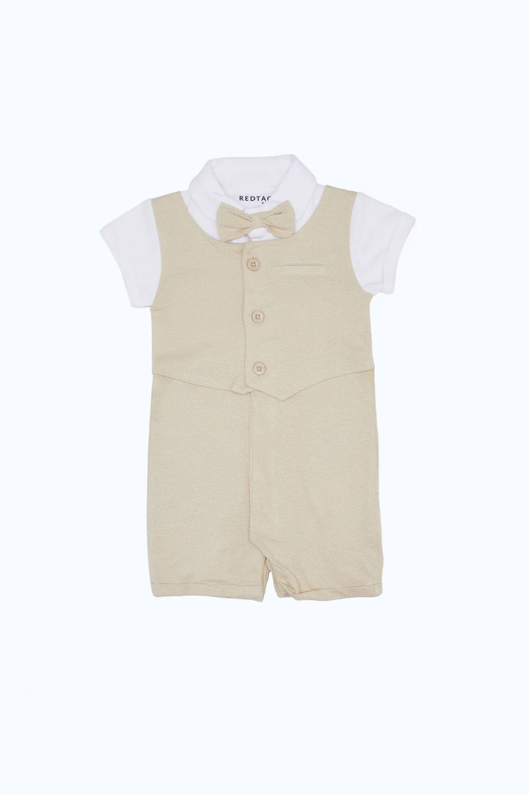 Baby Beige And White Attached Bowtie Romper