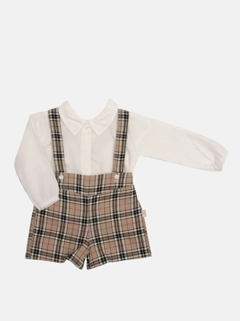 Baby Boy Luxury Tartan Romper with white shirt - Beige