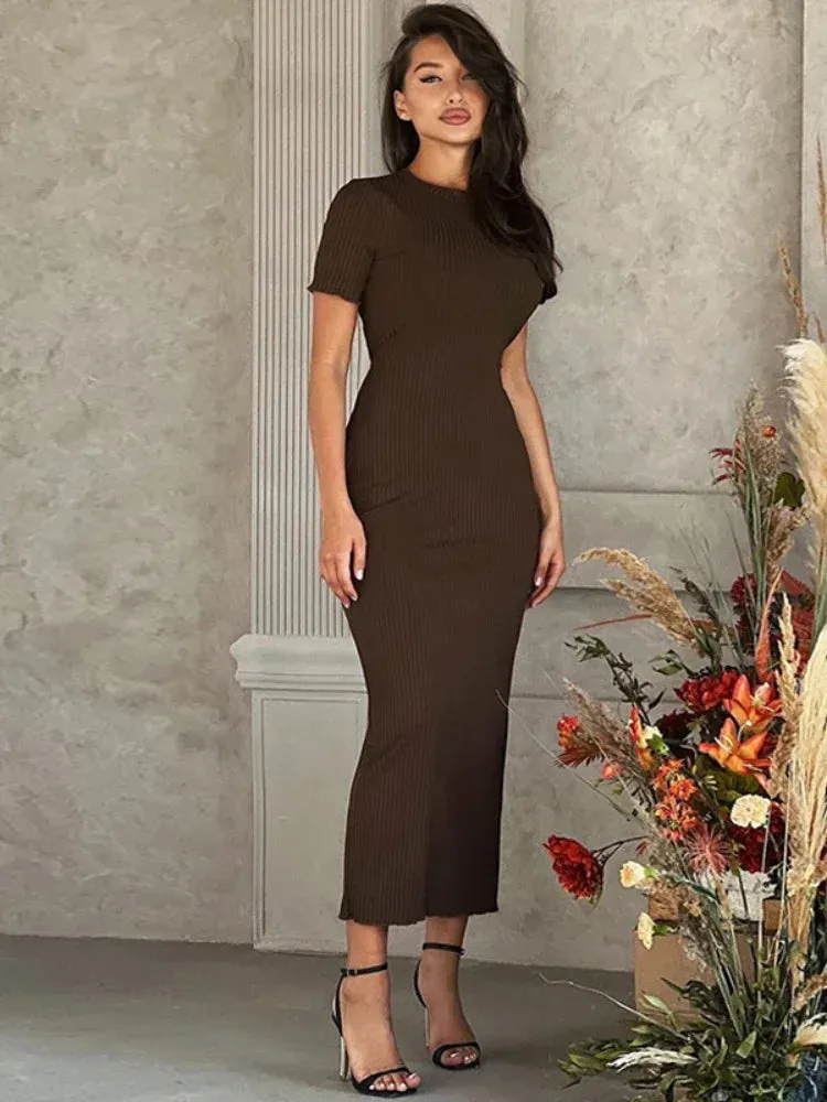 Back Tie Short Sleeve Long Dresses for Women Clothing Casual Style Ribbed Knit Bodycon Dress Spring 2024 C70-CZ32