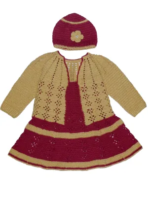 Beautiful Crochet Handmade Design Cardigan & Cap With Baby Frock - Maroon & Ecru