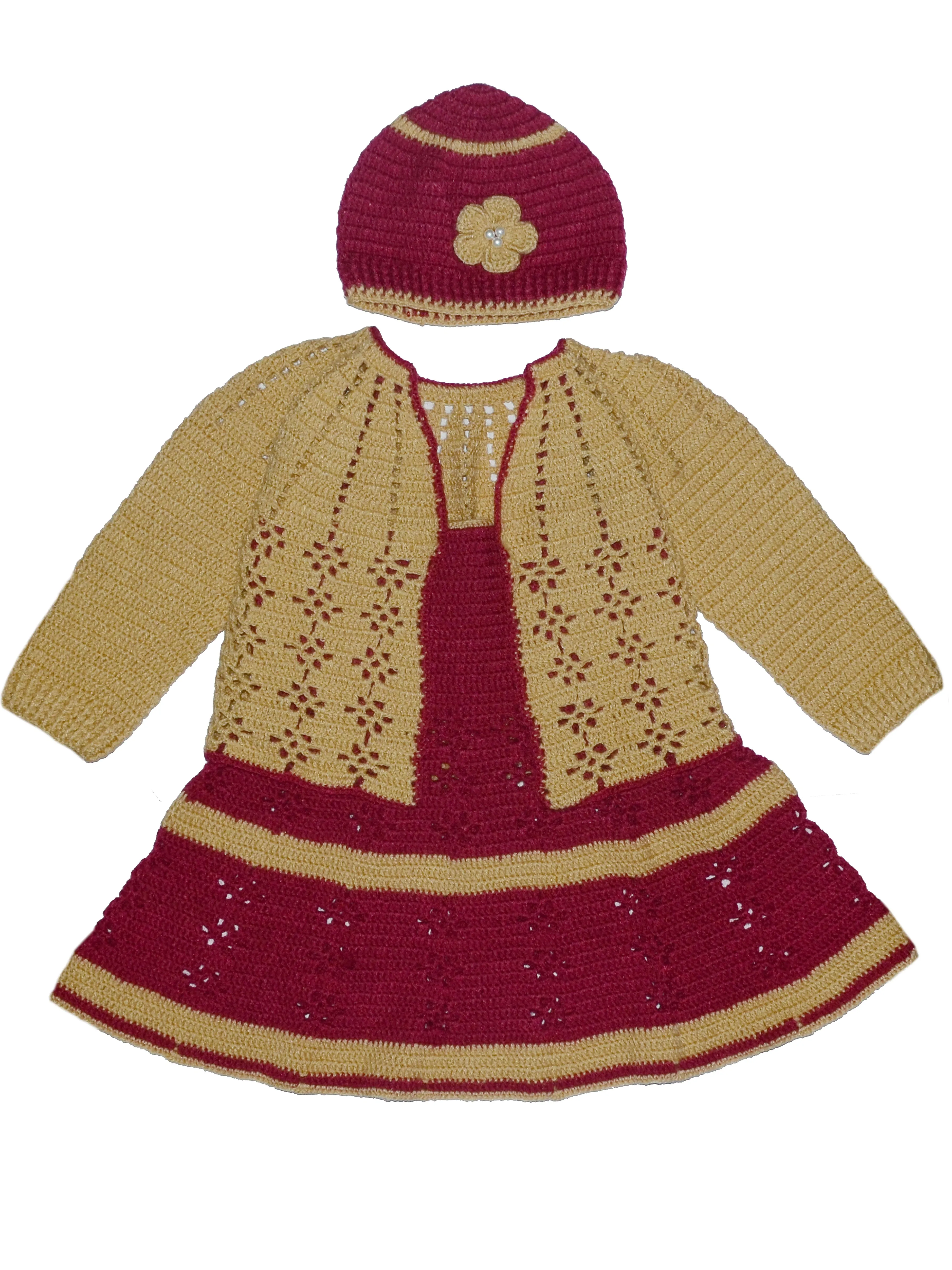 Beautiful Crochet Handmade Design Cardigan & Cap With Baby Frock - Maroon & Ecru