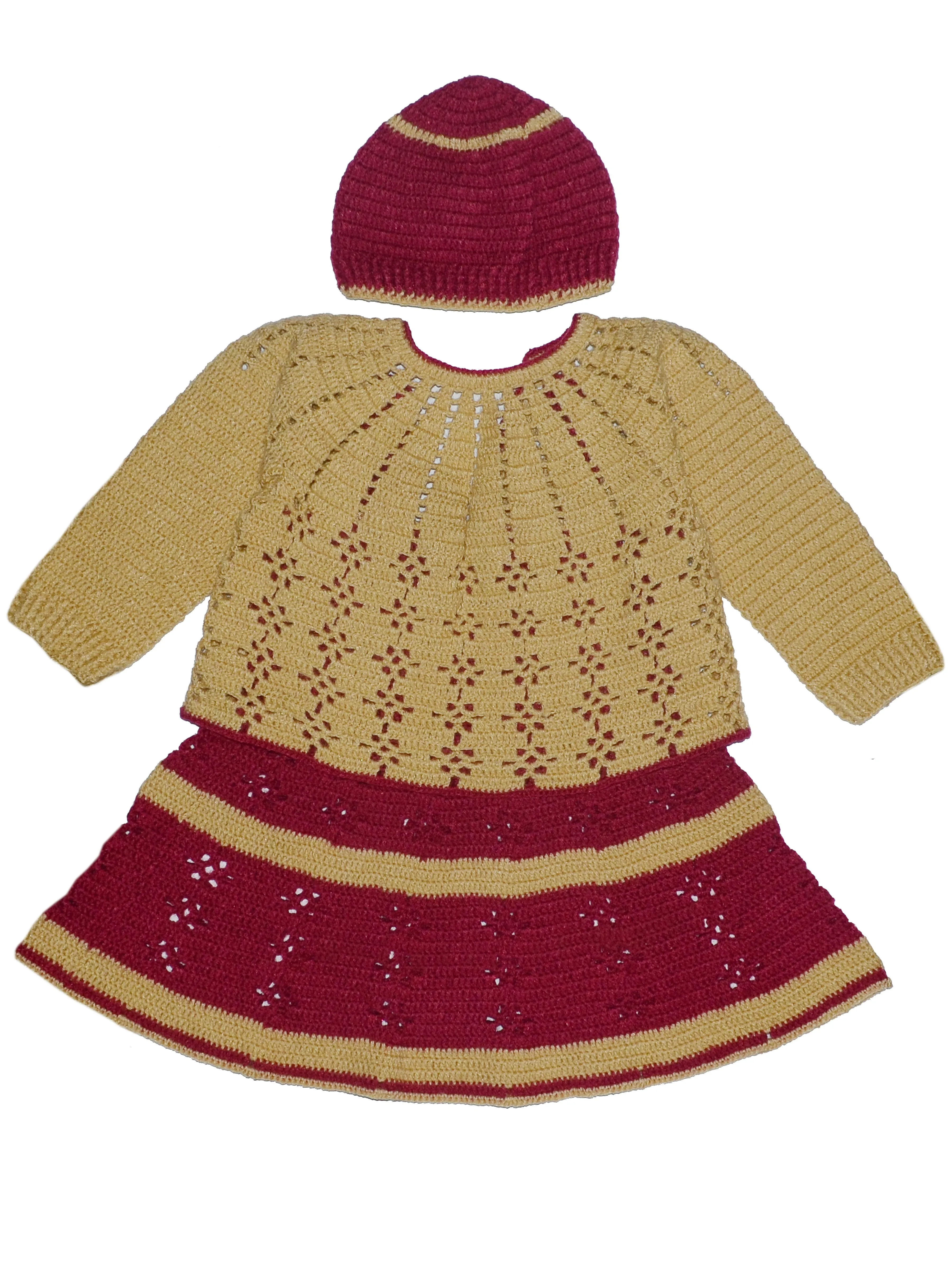 Beautiful Crochet Handmade Design Cardigan & Cap With Baby Frock - Maroon & Ecru