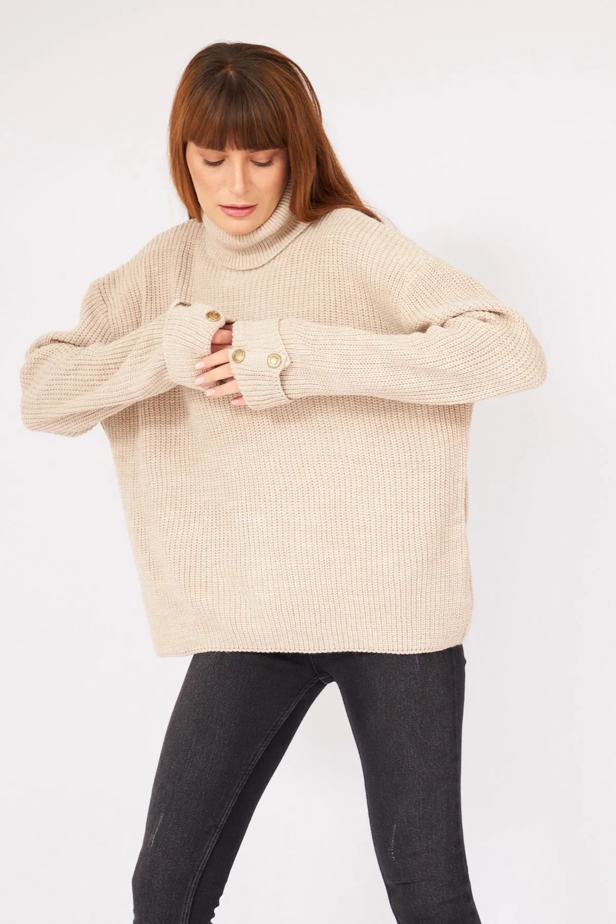 Beige Turtleneck Cufflink Detail Knitwear