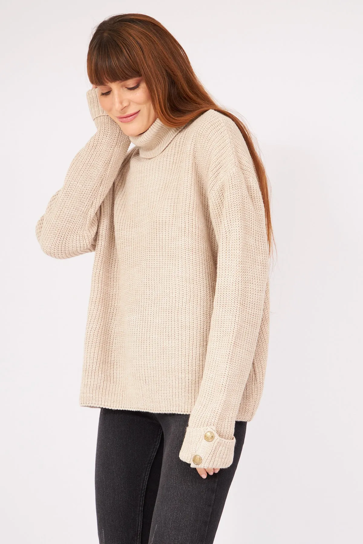 Beige Turtleneck Cufflink Detail Knitwear