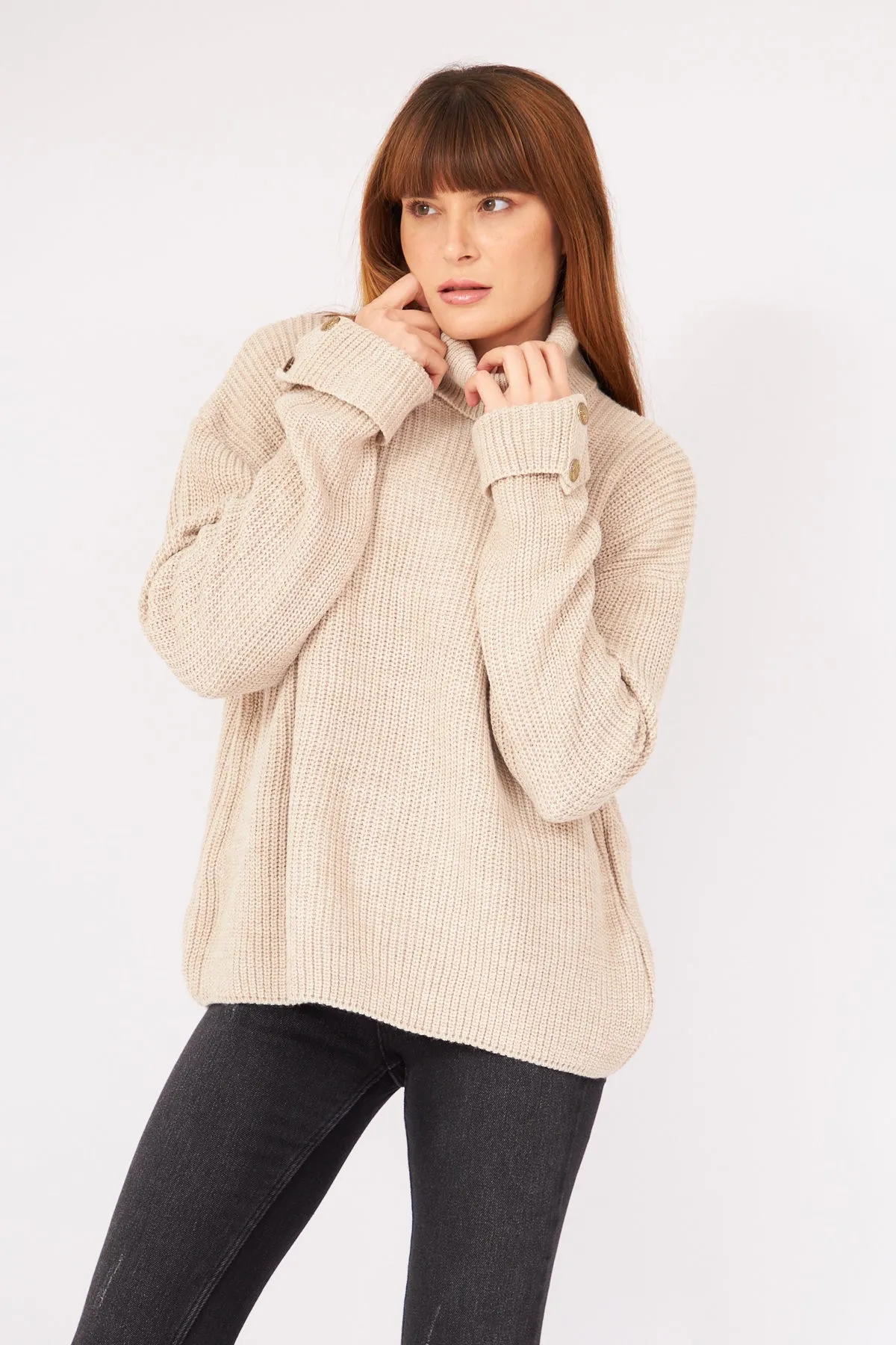 Beige Turtleneck Cufflink Detail Knitwear