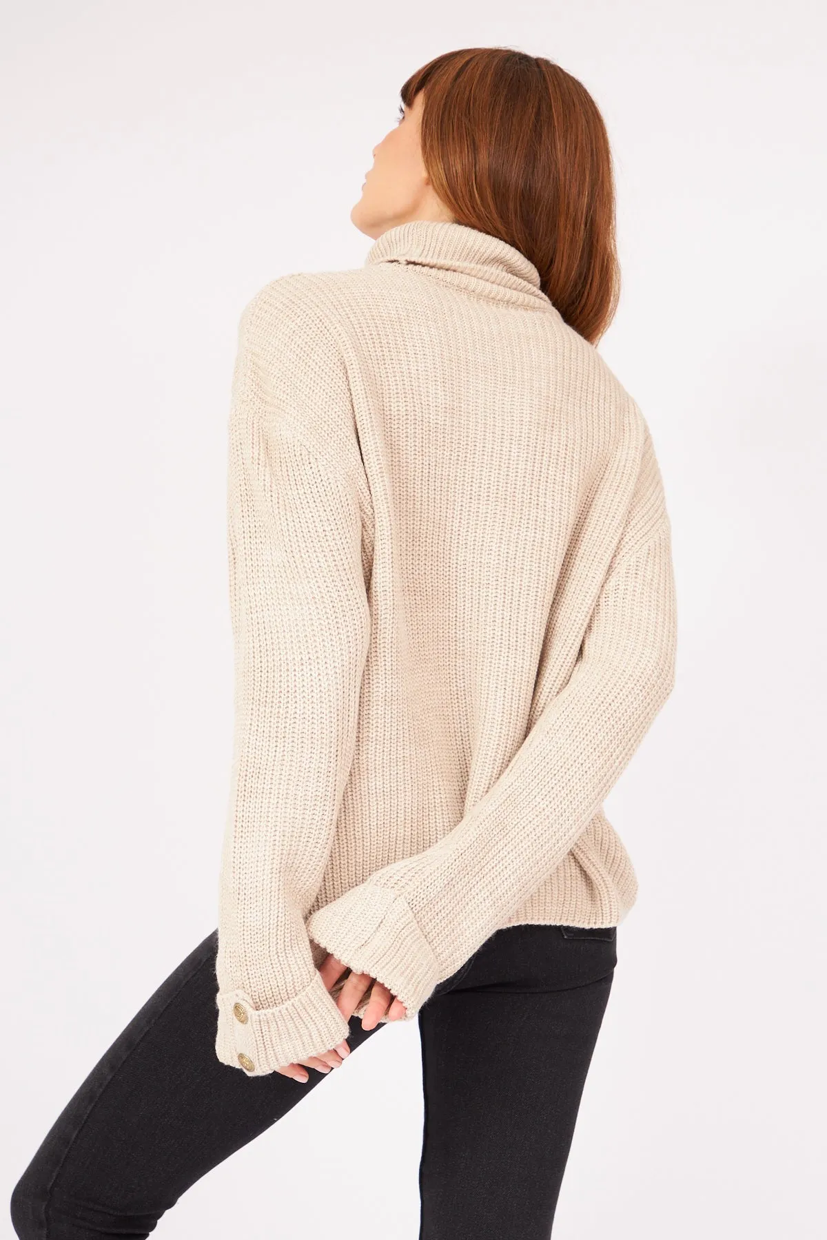 Beige Turtleneck Cufflink Detail Knitwear