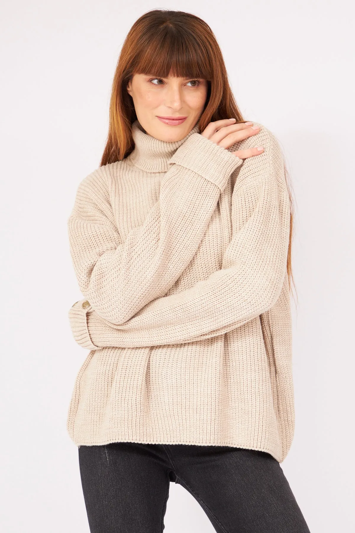 Beige Turtleneck Cufflink Detail Knitwear