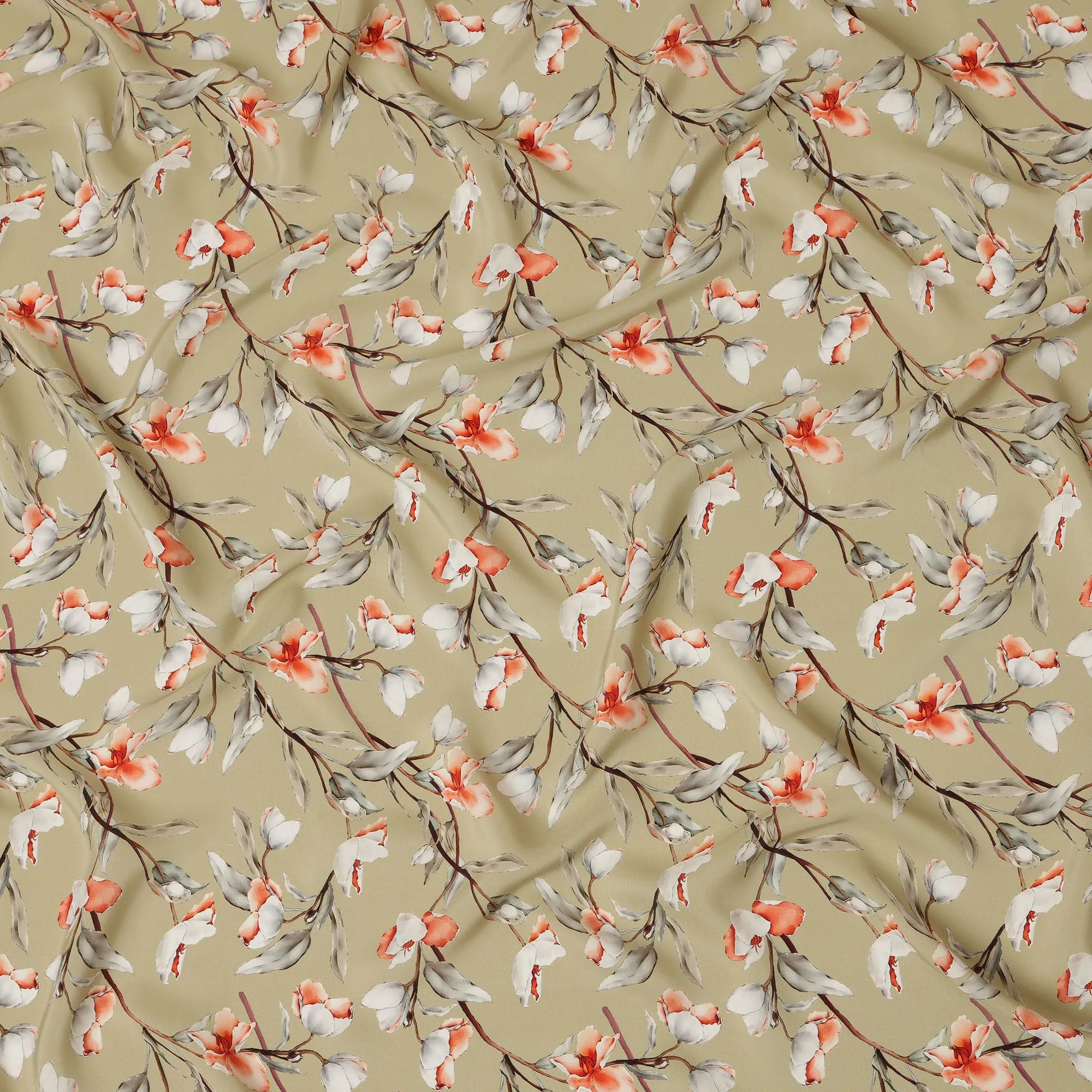 Beige Viscose Fabric with White and Coral Floral Digital Print, 110 cm Width-D20634