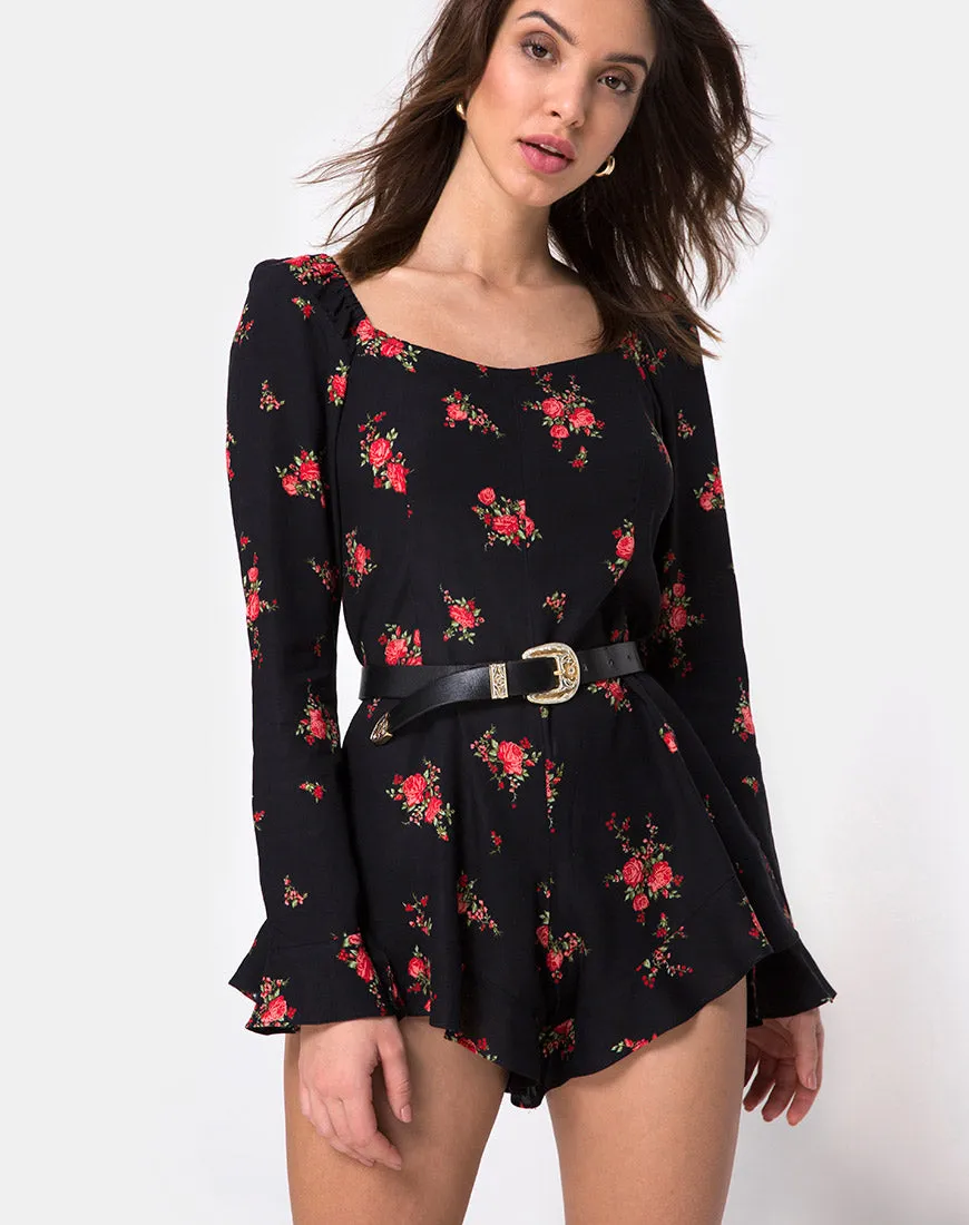 Berlo Longsleeve Playsuit in Soi Rose Black and Red