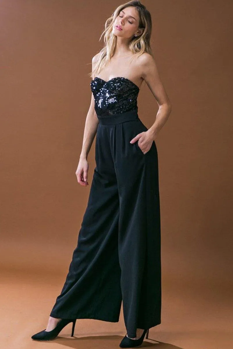 Black Elegant Strapless Sequin Wide Leg Jumpsuit