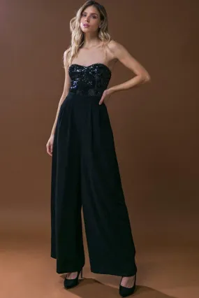 Black Elegant Strapless Sequin Wide Leg Jumpsuit