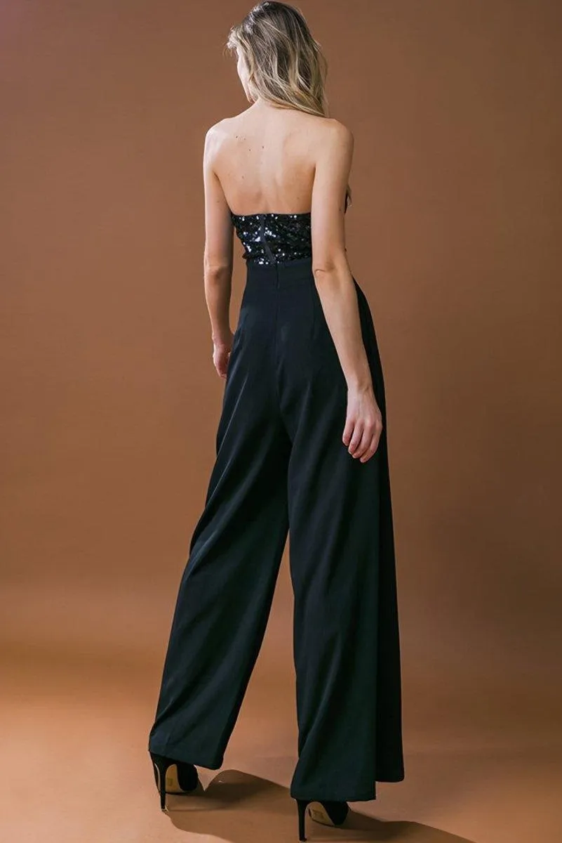 Black Elegant Strapless Sequin Wide Leg Jumpsuit