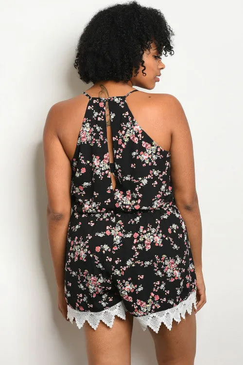 Black Floral Lace Accent Plus Size Romper