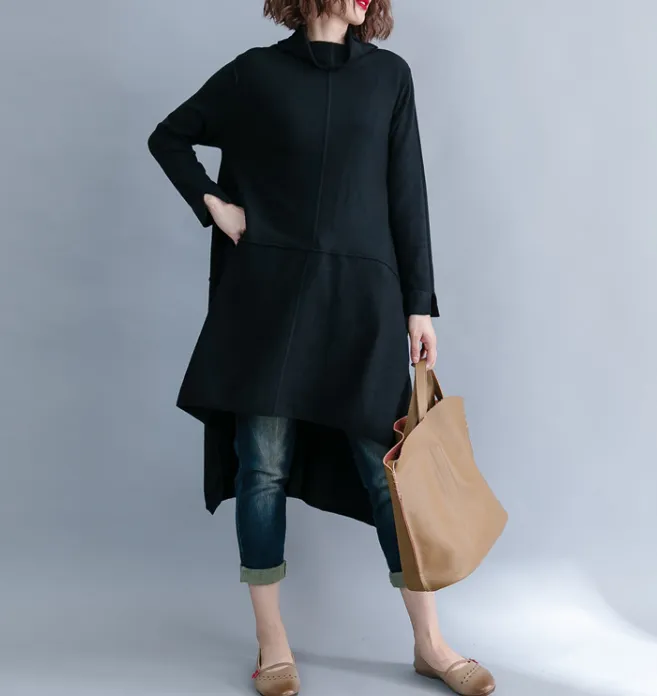 Black Knit Fall Irregular Hem Dresses Casual Women Dresses SSM97215